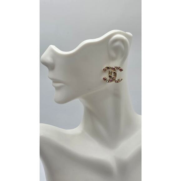 Chanel Gold-tone Pink Strass Interlocking CC Stud Earrings - Picture 7 of 13